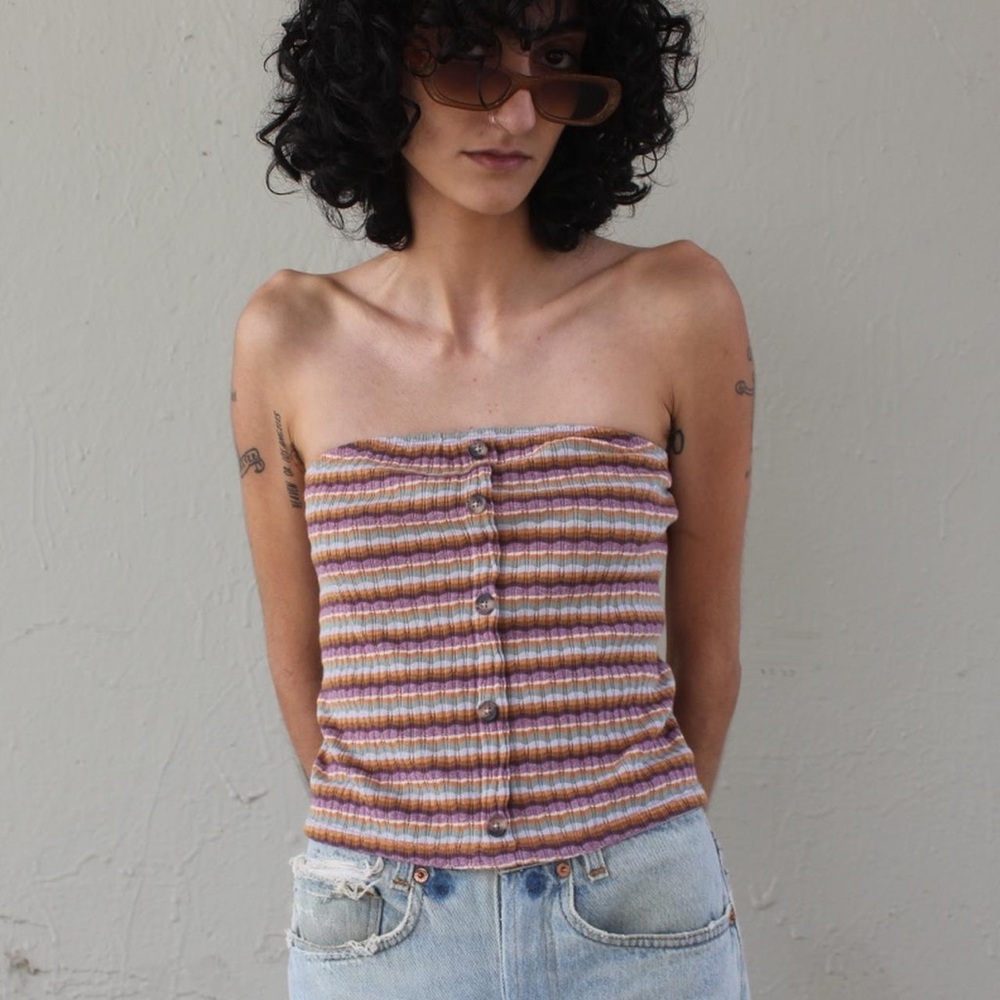American Eagle Striped Multicolor Stretchy Button Front Tube Top Size S 90s Y2k